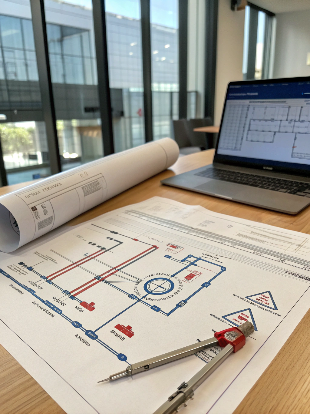 Architectural blueprint with drafting compass and precision tools